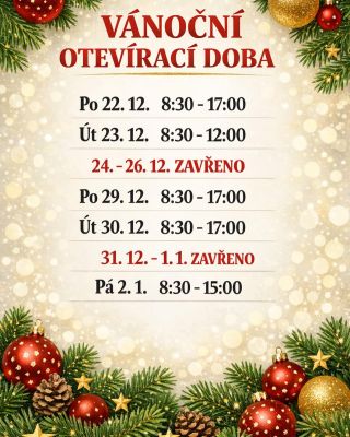 📌 Sváteční otevírací doba Prosíme, věnujte chvilku kontrole naší otevírací doby během svátků. Děkujeme za pochopení a...